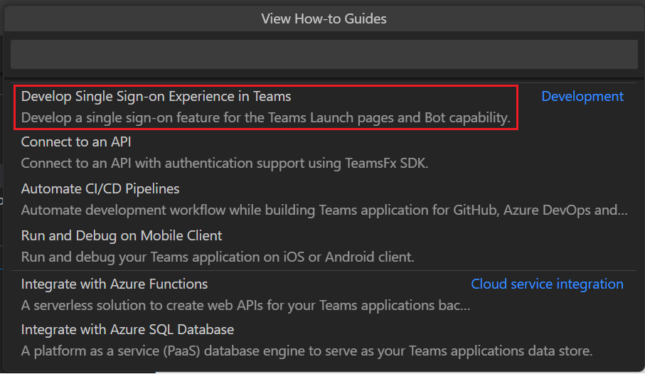 Capture d’écran montrant la fonctionnalité Authentification unique mise en évidence en rouge dans le Visual Studio Code.